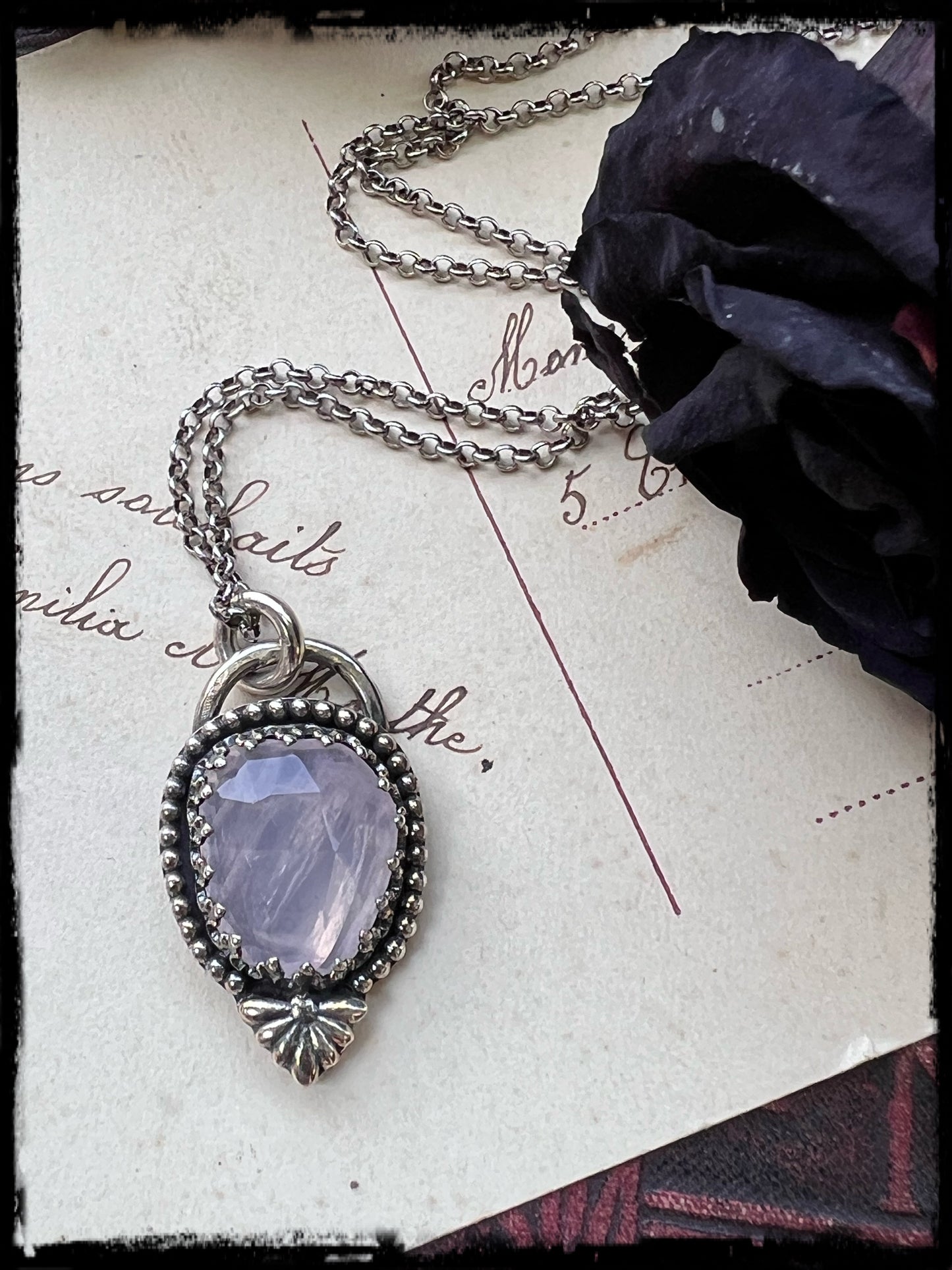 Flora~handcrafted sterling silver rose cut rose quartz necklace ~