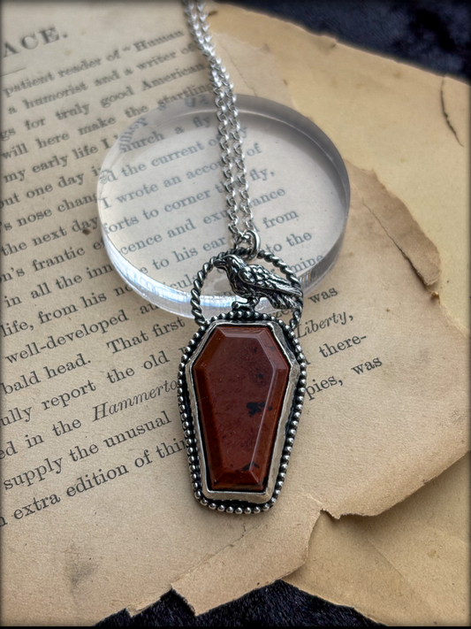 Handcrafted sterling and fine silver coffin cut red obsidian with Raven necklace ~