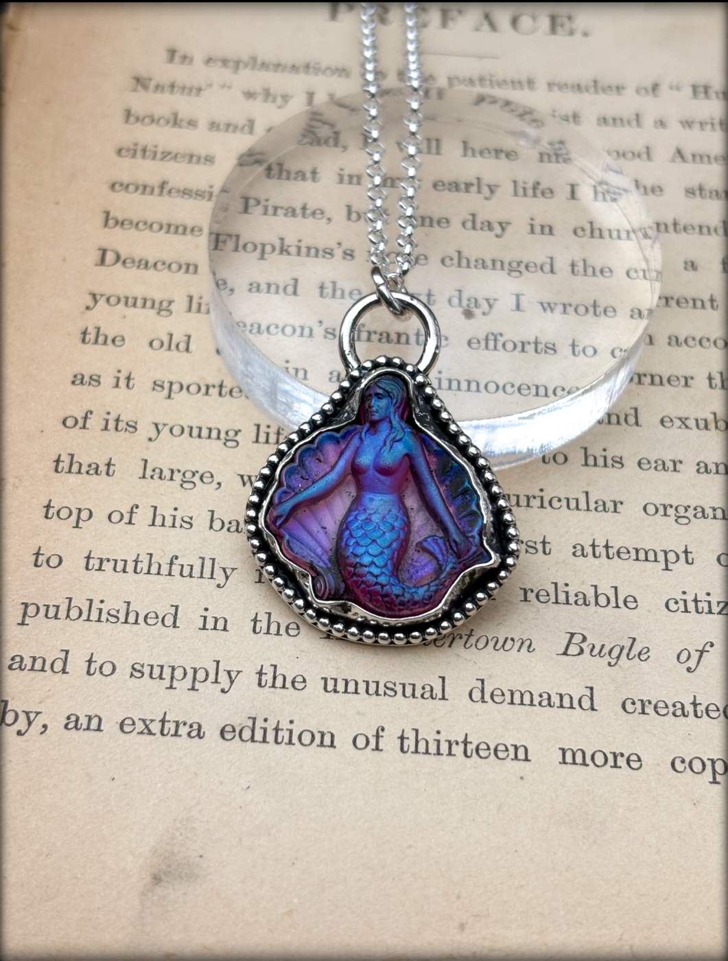 Handcrafted sterling and fine silver frosted glass mermaid necklace ~