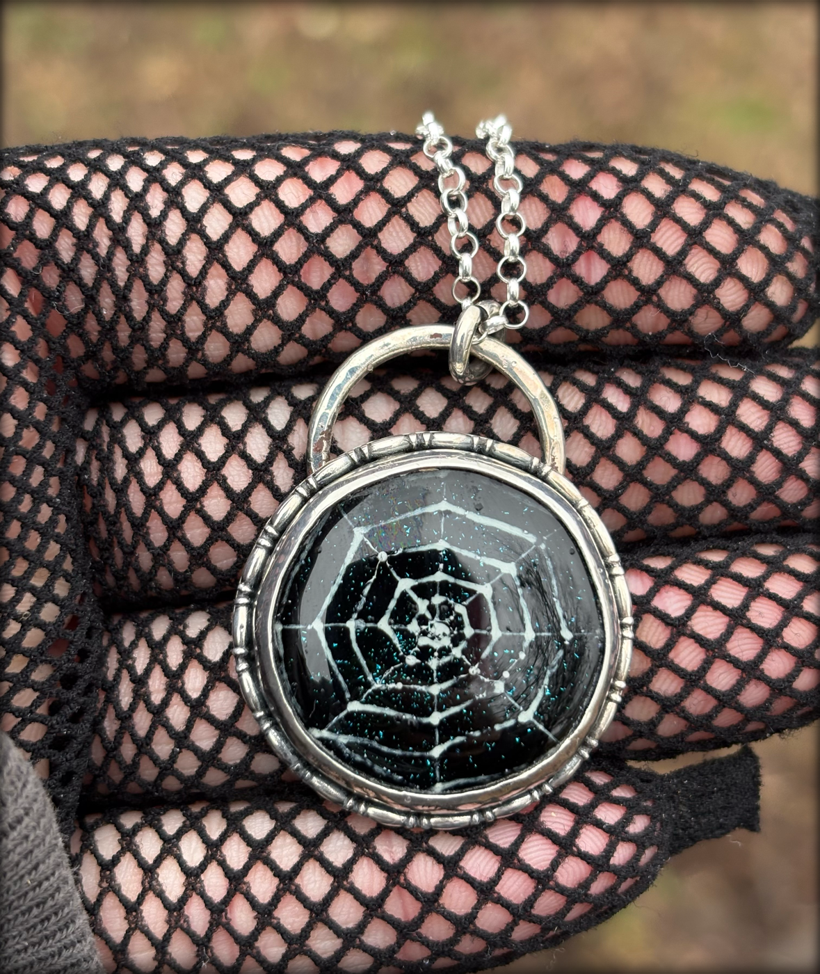 Handcrafted sterling and fine silver Dichroic glass fused spiderweb necklace~