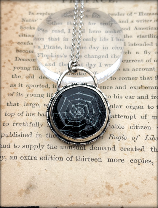 Handcrafted sterling and fine silver Dichroic glass fused spiderweb necklace~