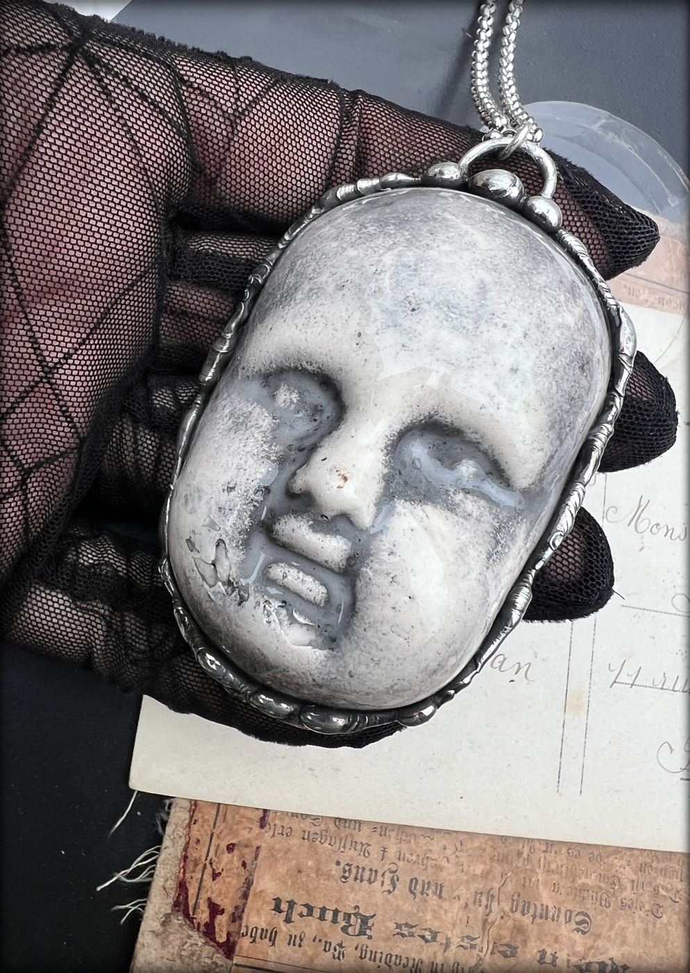 Baby creep~ {large}porcelain creepy baby doll face Tiffany technique necklace~