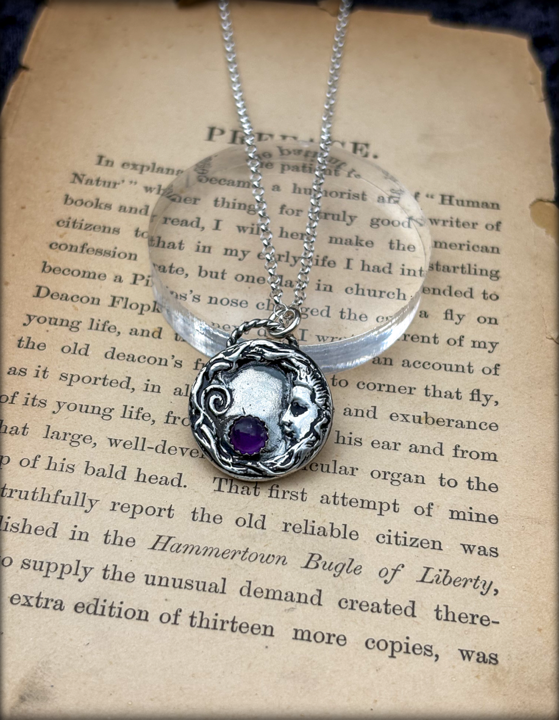 Hand crafted Sterling silver Celestial moon with Amethyst necklace~