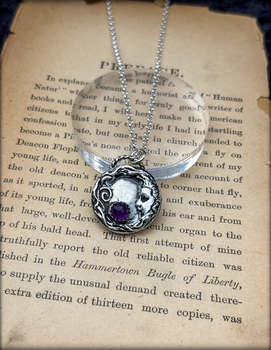 Hand crafted Sterling silver Celestial moon with Amethyst necklace~