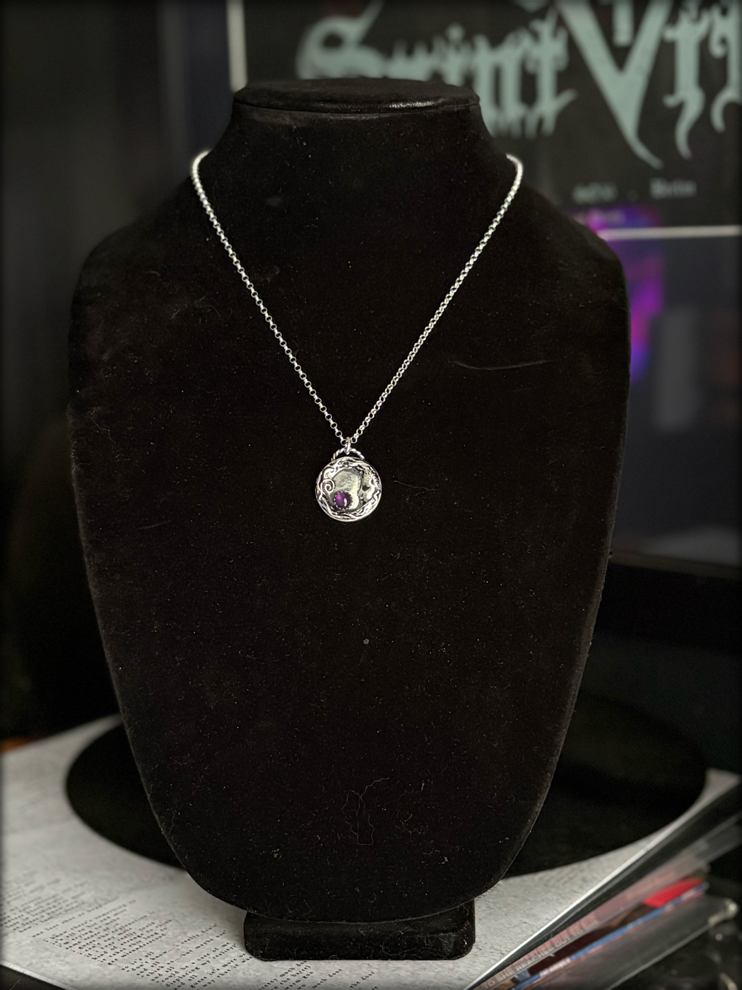 Hand crafted Sterling silver Celestial moon with Amethyst necklace~