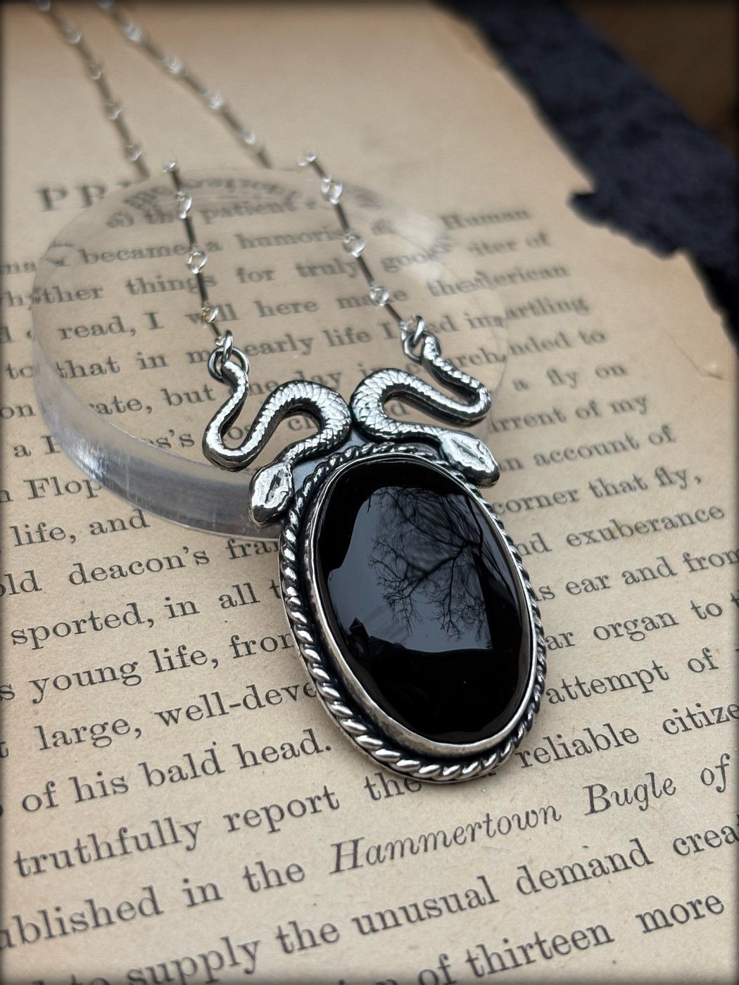 Amphisbaena~ handcrafted sterling and find silver double snake Onyx scrying mirror necklace~