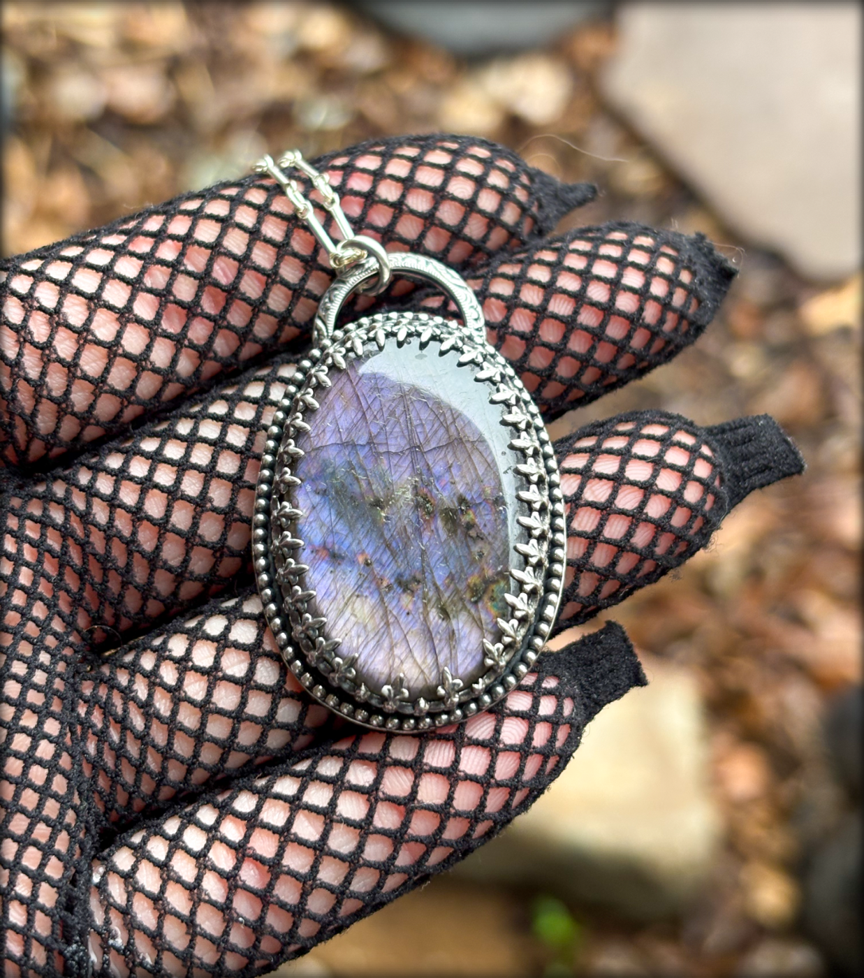 Hand crafted sterling and fine silver purple labradorite gothic style bezel pendant necklace~