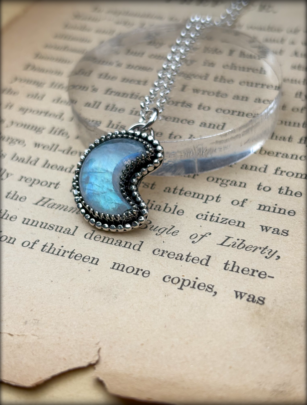 Hand crafted Sterling silver rainbow moonstone crescent moon layering necklace~