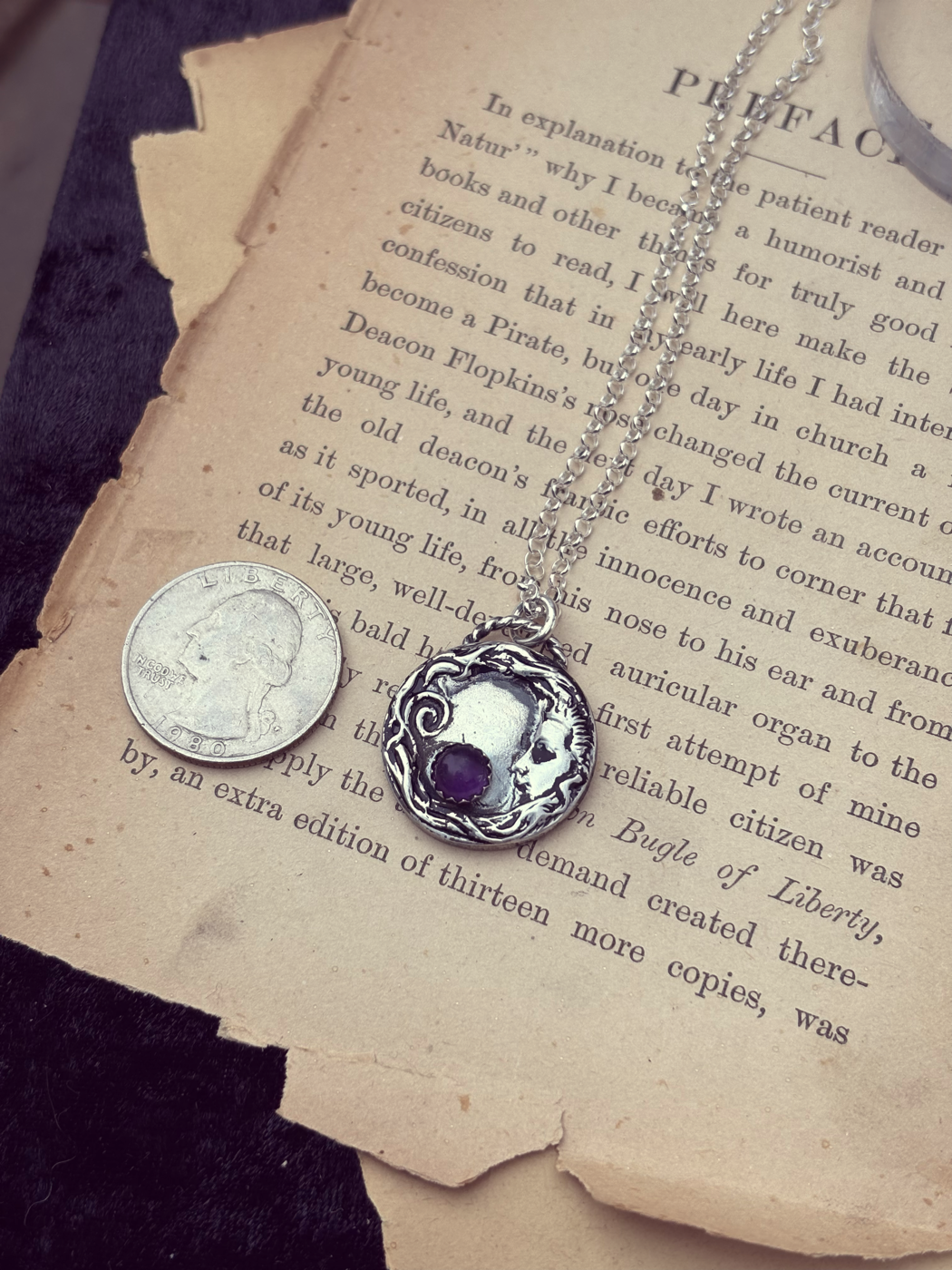 Hand crafted Sterling silver Celestial moon with Amethyst necklace~