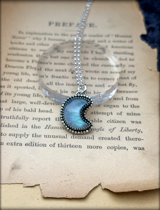 Hand crafted Sterling silver rainbow moonstone crescent moon layering necklace~