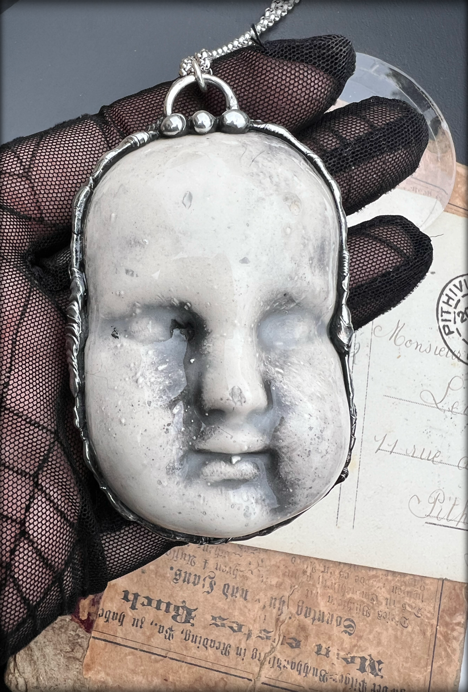 Baby creep~ {large}porcelain creepy baby doll face Tiffany technique necklace~