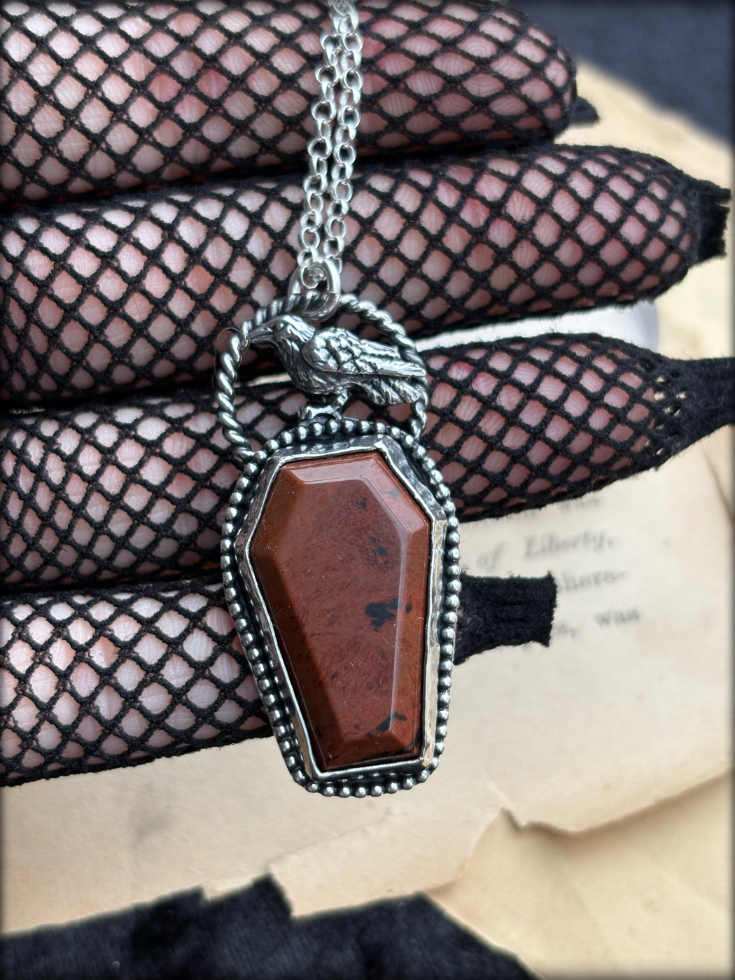 Handcrafted sterling and fine silver coffin cut red obsidian with Raven necklace ~