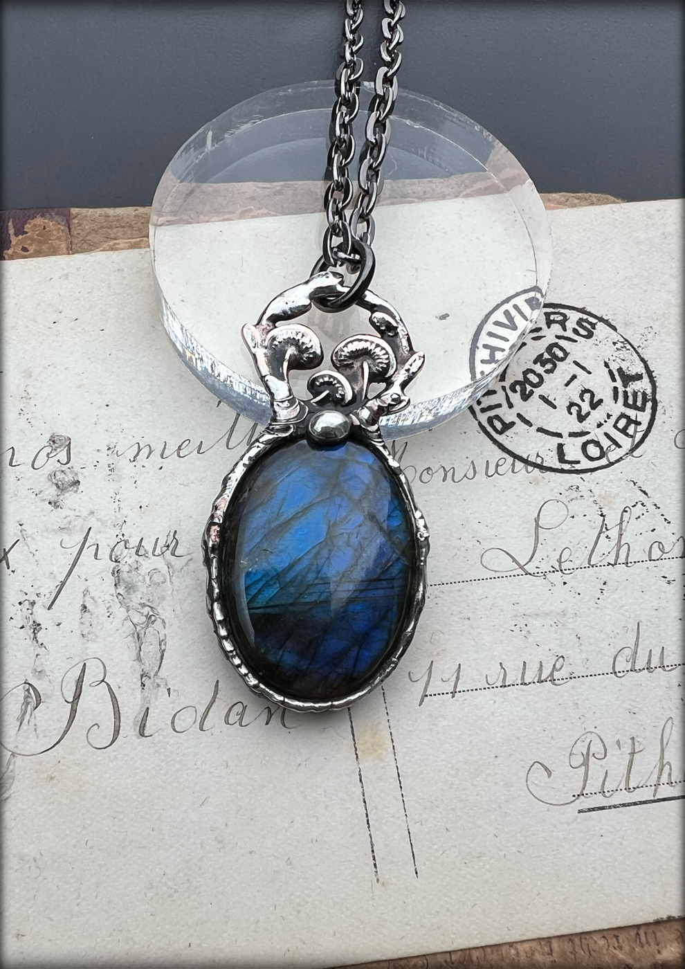 Faery ring~labradorite & mushroom pendant Tiffany Technique necklace~