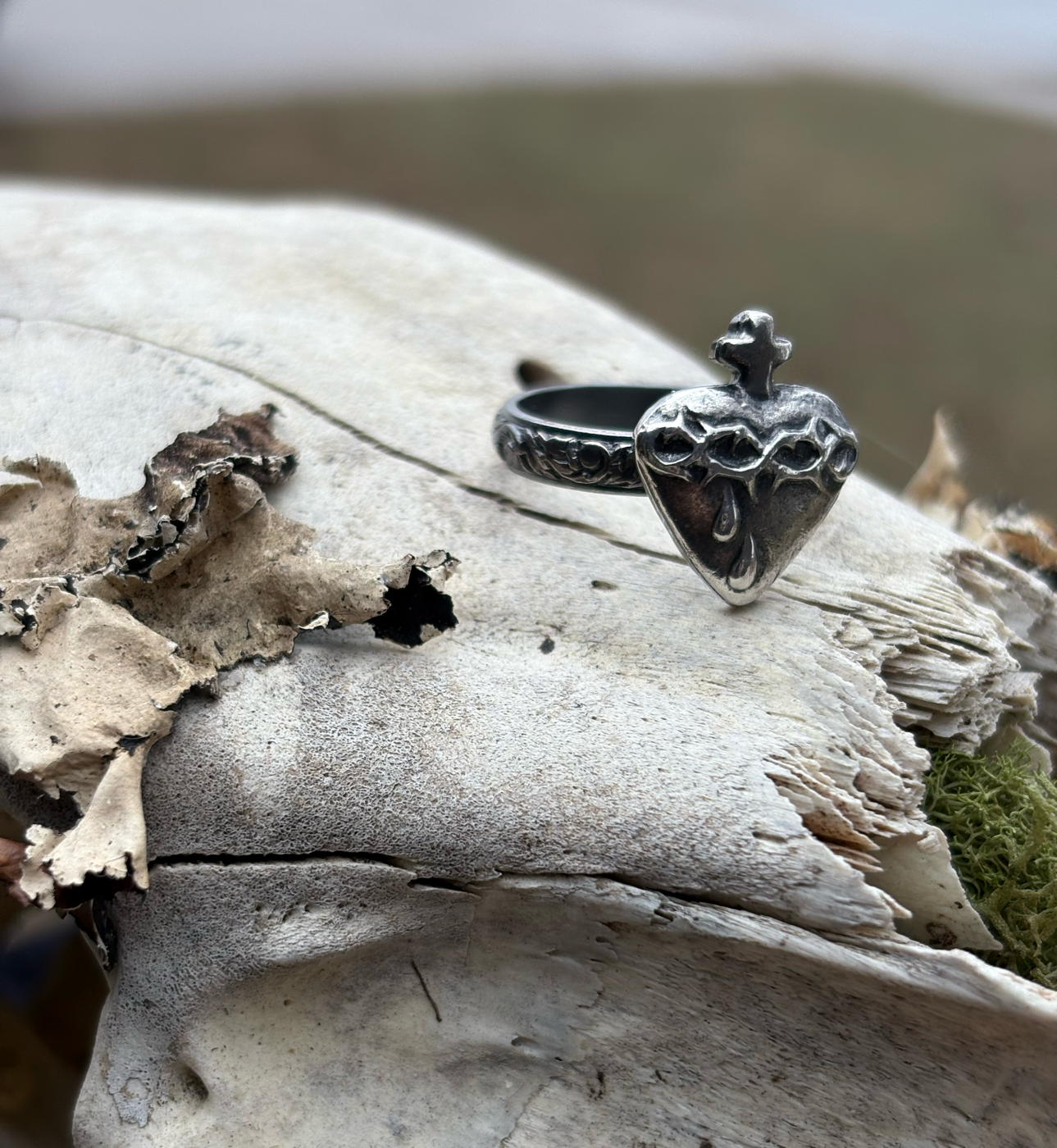 Sanguinem cor~Handcrafted sterling and fine silver bleeding heart ring size 7.5