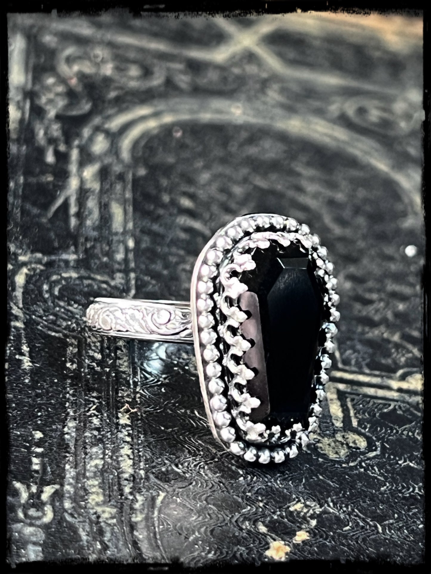 Haunted~Sterling and fine Silver coffin cut Obsidian ring size 8~