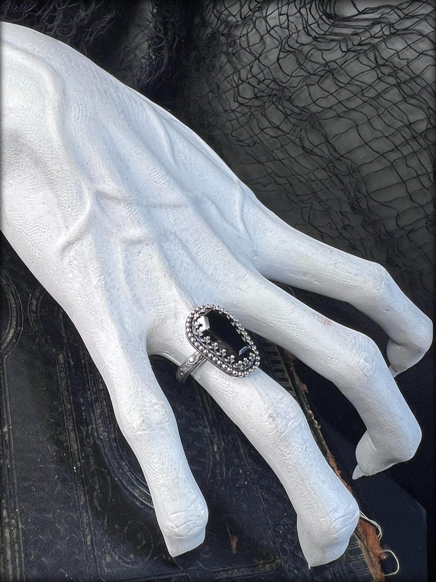Haunted~Sterling and fine Silver coffin cut Obsidian ring size 8~