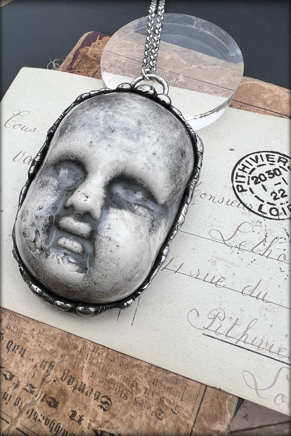 Baby creep~ {large}porcelain creepy baby doll face Tiffany technique necklace~