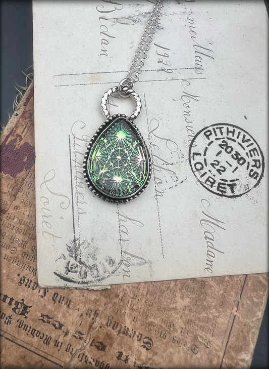 Hand crafted Sterling and fine silver vintage emerald kaleidoscope glass cabochon stacker necklace ~