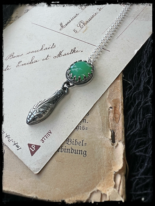 Sank charmer ~Hand crafted Victorian Snake head sterling silver green chrysoprase dangle necklace ~