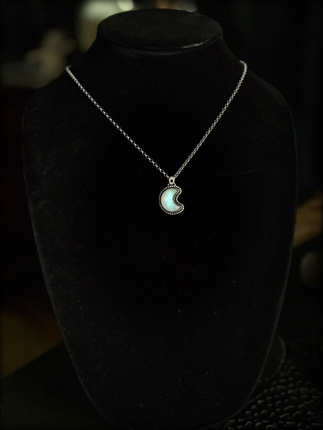 Hand crafted Sterling silver rainbow moonstone crescent moon layering necklace~