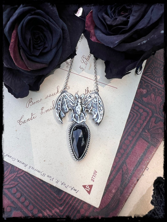 Immortal Beloved~Hand crafted  Sterling & fine Silver Vampire bat with rose cut obsidian statement pendant necklace~