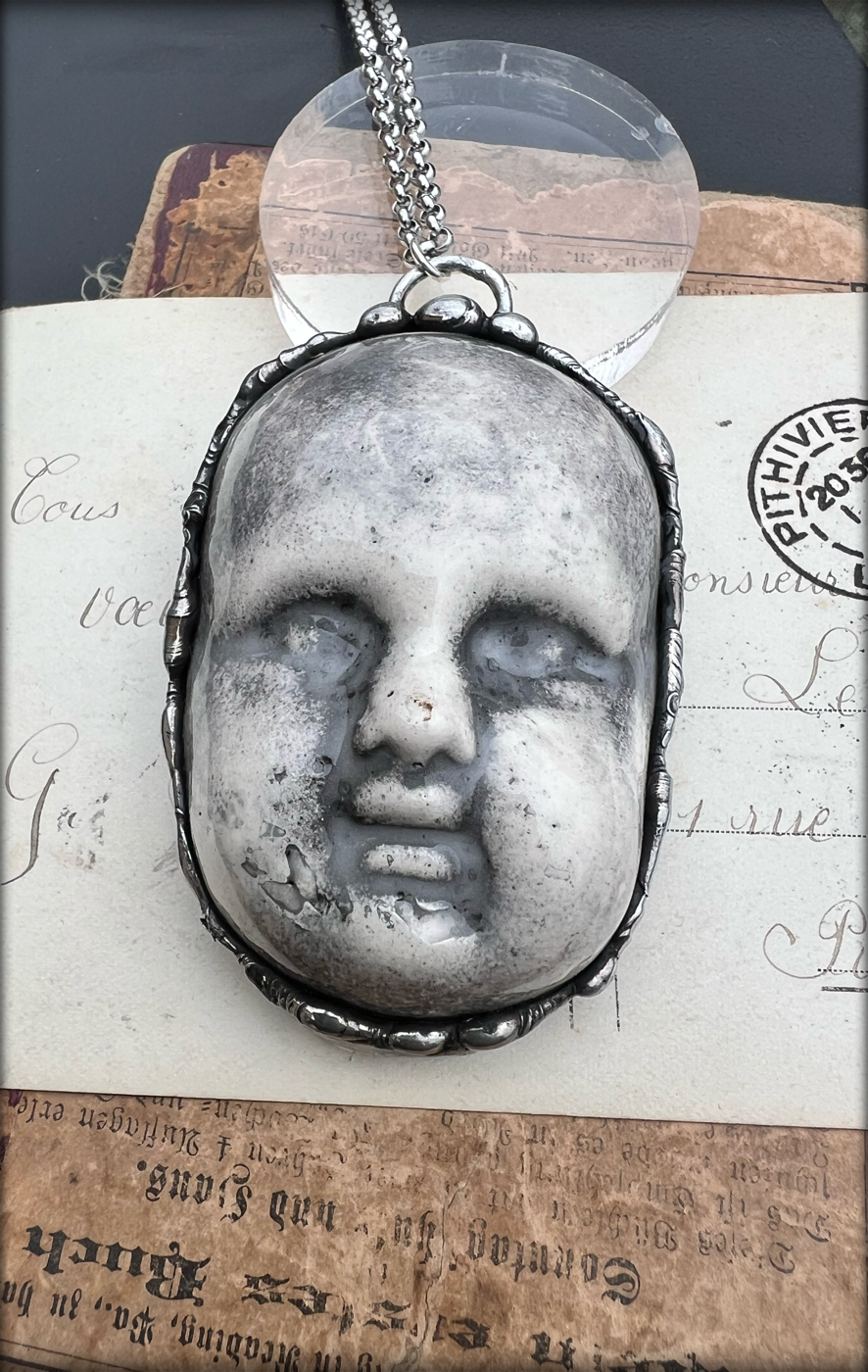 Baby creep~ {large}porcelain creepy baby doll face Tiffany technique necklace~