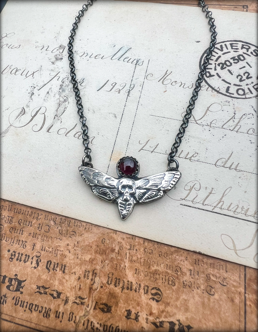 Death becomes her~ handcrafted, Sterling silver garnet deathhead moth layering necklace~