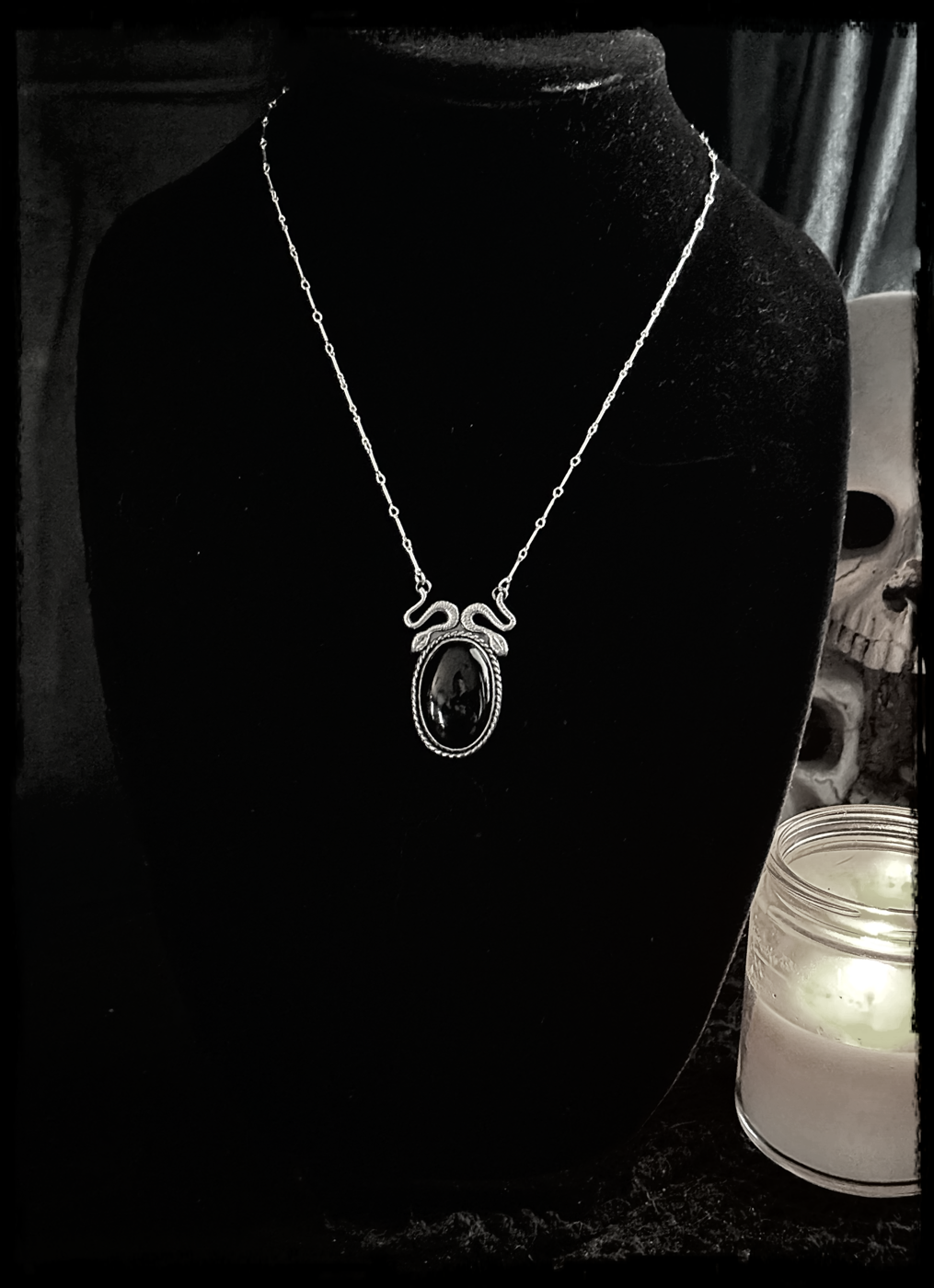 Amphisbaena~ handcrafted sterling and find silver double snake Onyx scrying mirror necklace~