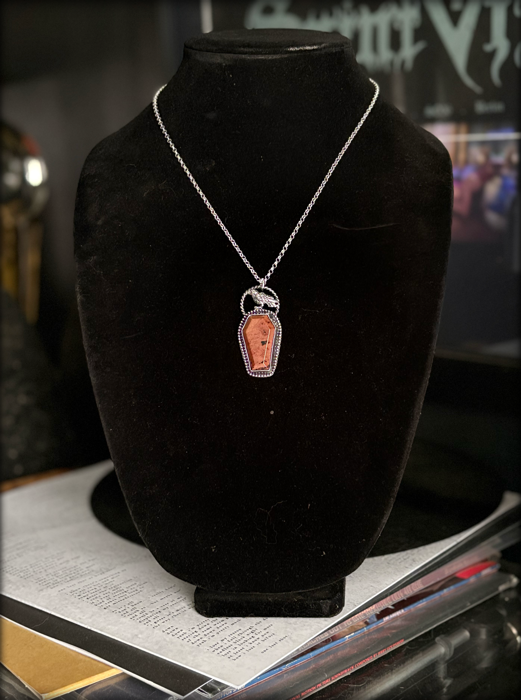 Handcrafted sterling and fine silver coffin cut red obsidian with Raven necklace ~