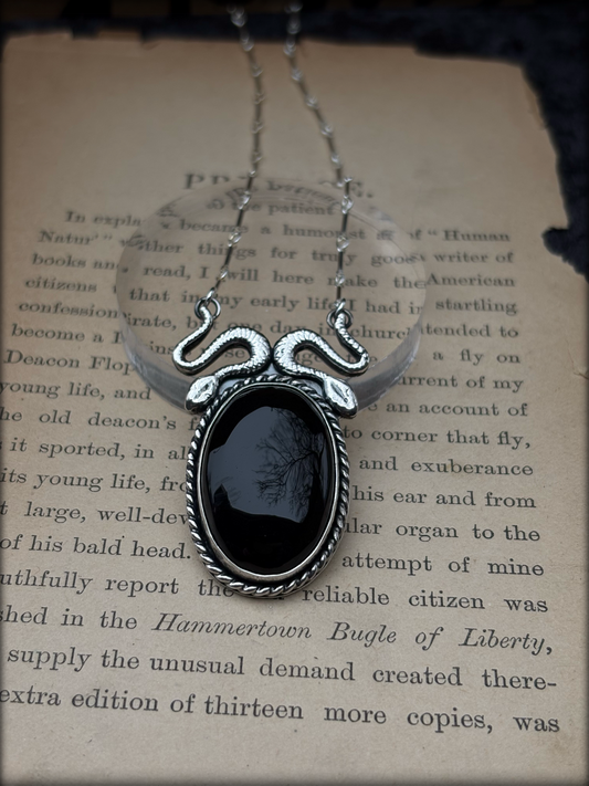 Amphisbaena~ handcrafted sterling and find silver double snake Onyx scrying mirror necklace~