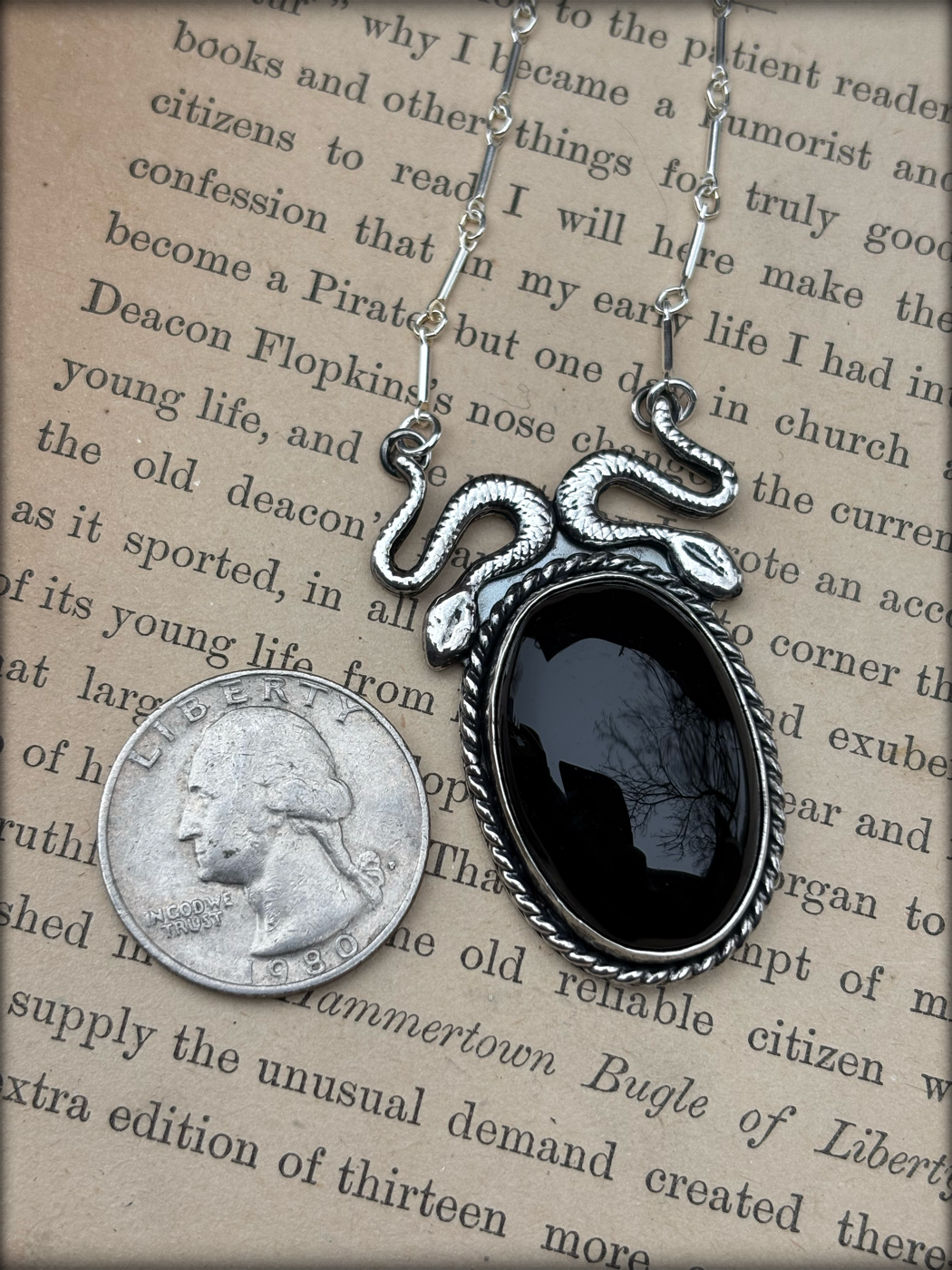 Amphisbaena~ handcrafted sterling and find silver double snake Onyx scrying mirror necklace~