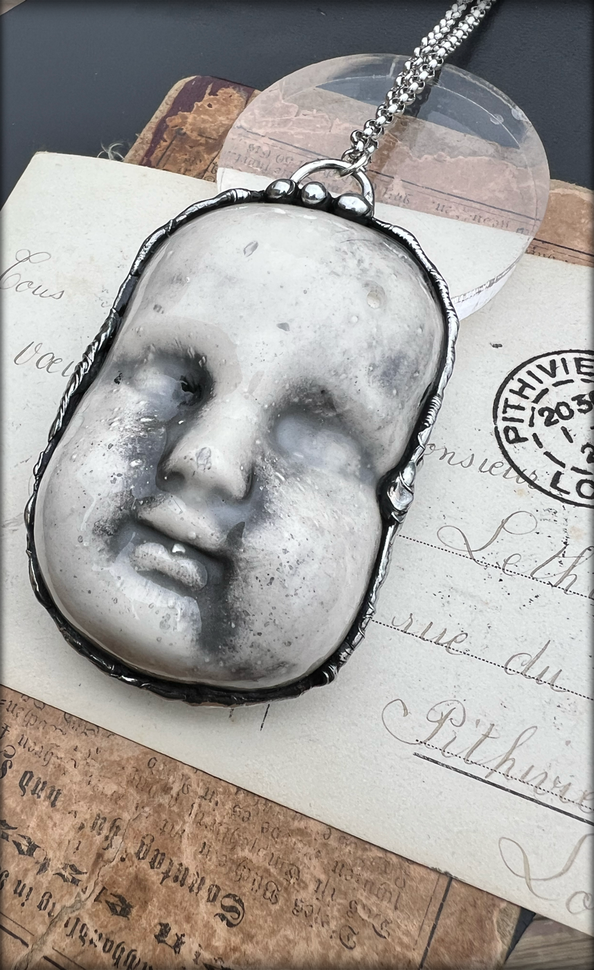 Baby creep~ {large}porcelain creepy baby doll face Tiffany technique necklace~