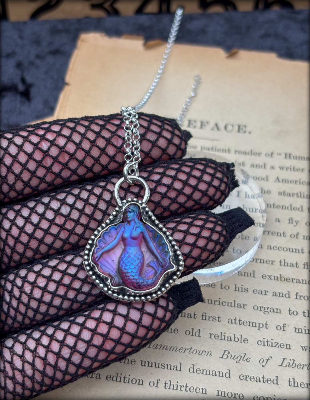 Handcrafted sterling and fine silver frosted glass mermaid necklace ~