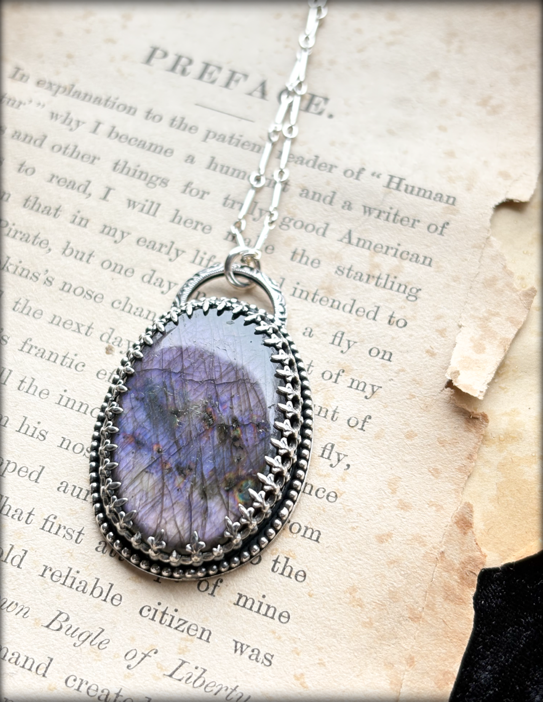 Hand crafted sterling and fine silver purple labradorite gothic style bezel pendant necklace~