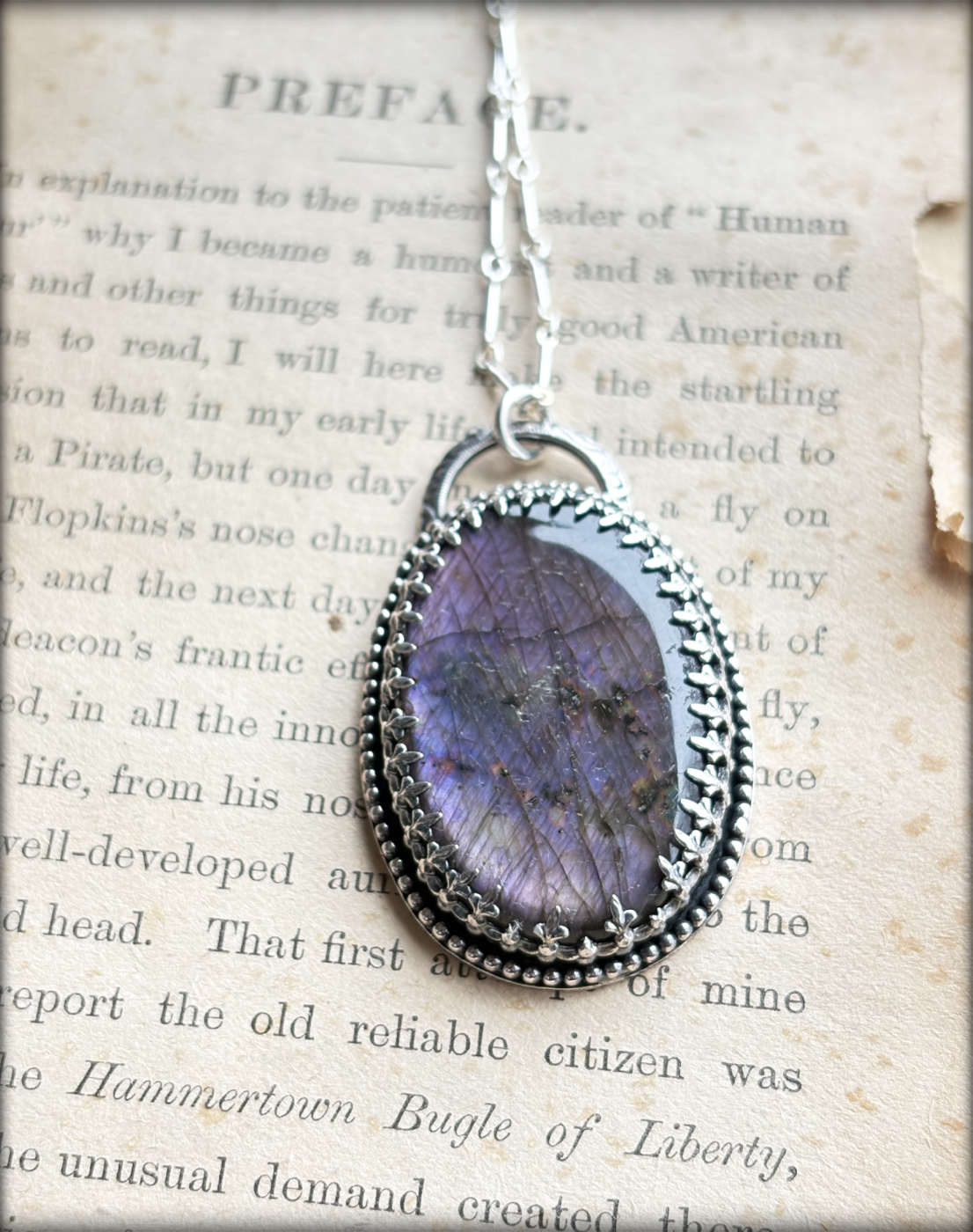 Hand crafted sterling and fine silver purple labradorite gothic style bezel pendant necklace~