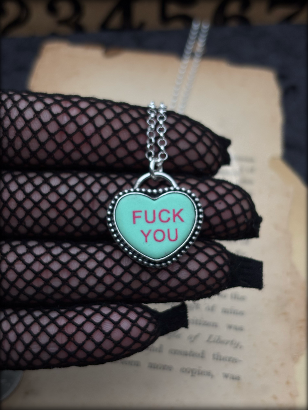 F*ck You~Hand crafted sterling & fine silver resin aggressive conversion heart necklace ~