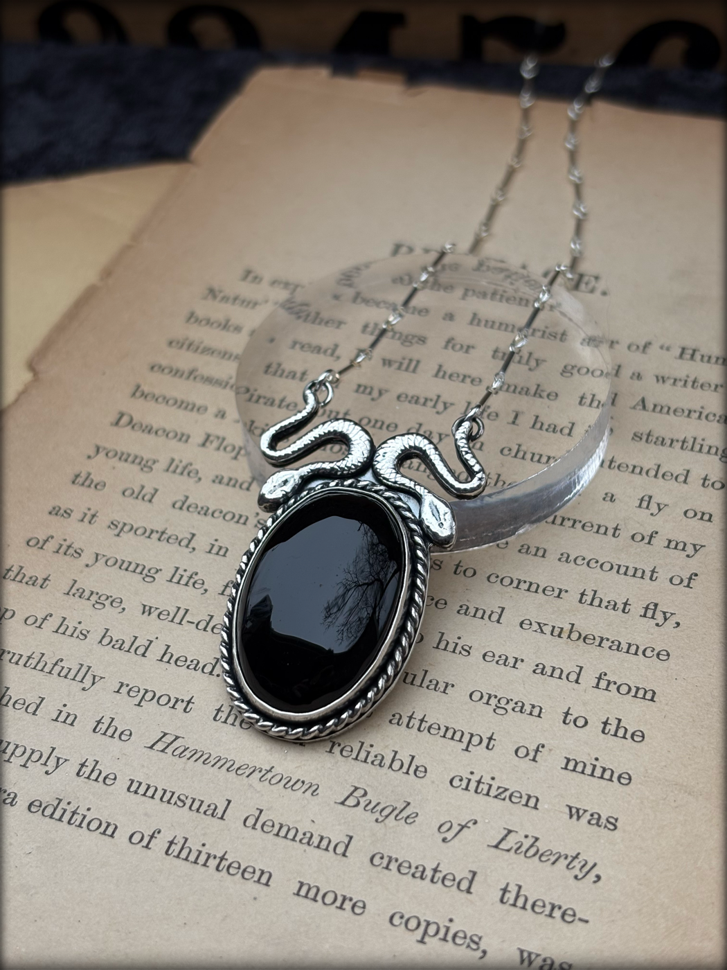 Amphisbaena~ handcrafted sterling and find silver double snake Onyx scrying mirror necklace~