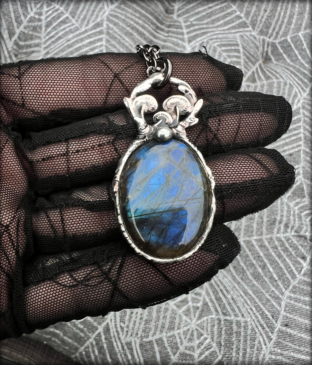 Faery ring~labradorite & mushroom pendant Tiffany Technique necklace~