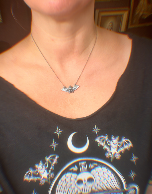 Night Flight~Sterling and fine silver antique bat die cast stacking necklace MTO ~