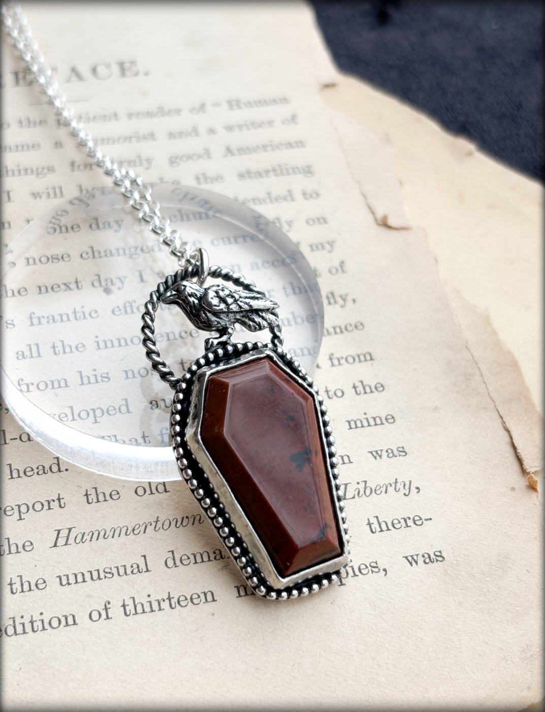 Handcrafted sterling and fine silver coffin cut red obsidian with Raven necklace ~