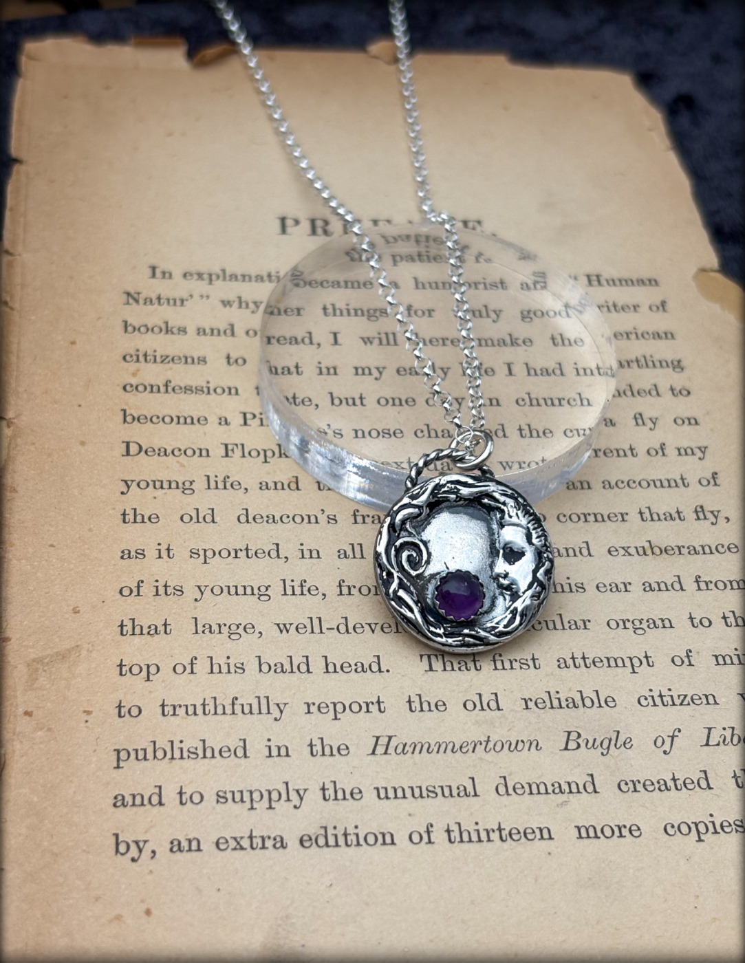 Hand crafted Sterling silver Celestial moon with Amethyst necklace~