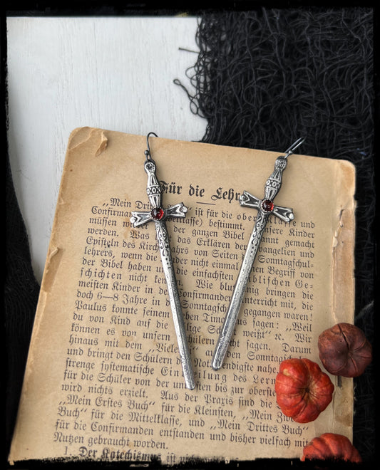 Blood Rebellion~Sterling silver and garnet sword made to order earrings~